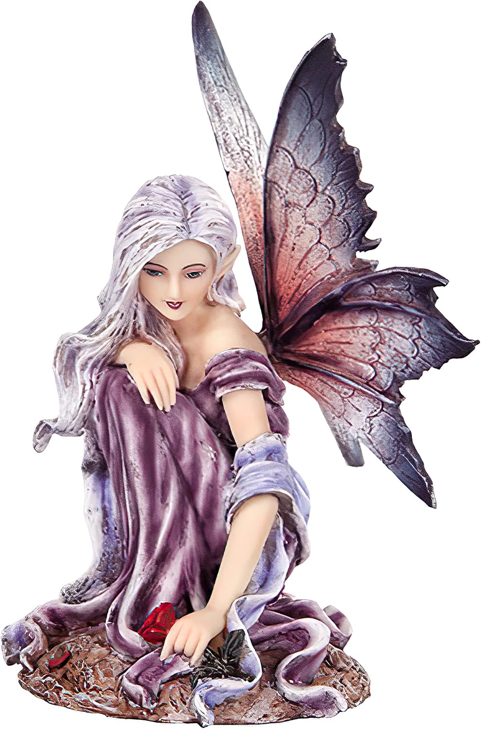 Fairyland Purple Winged Fairy with Red Rose Statue Figurine
