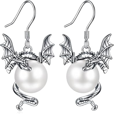Dragon Earrings for Women 925 Sterling Silver Vintage Oxidized Dragon Pearl Dangle Earrings