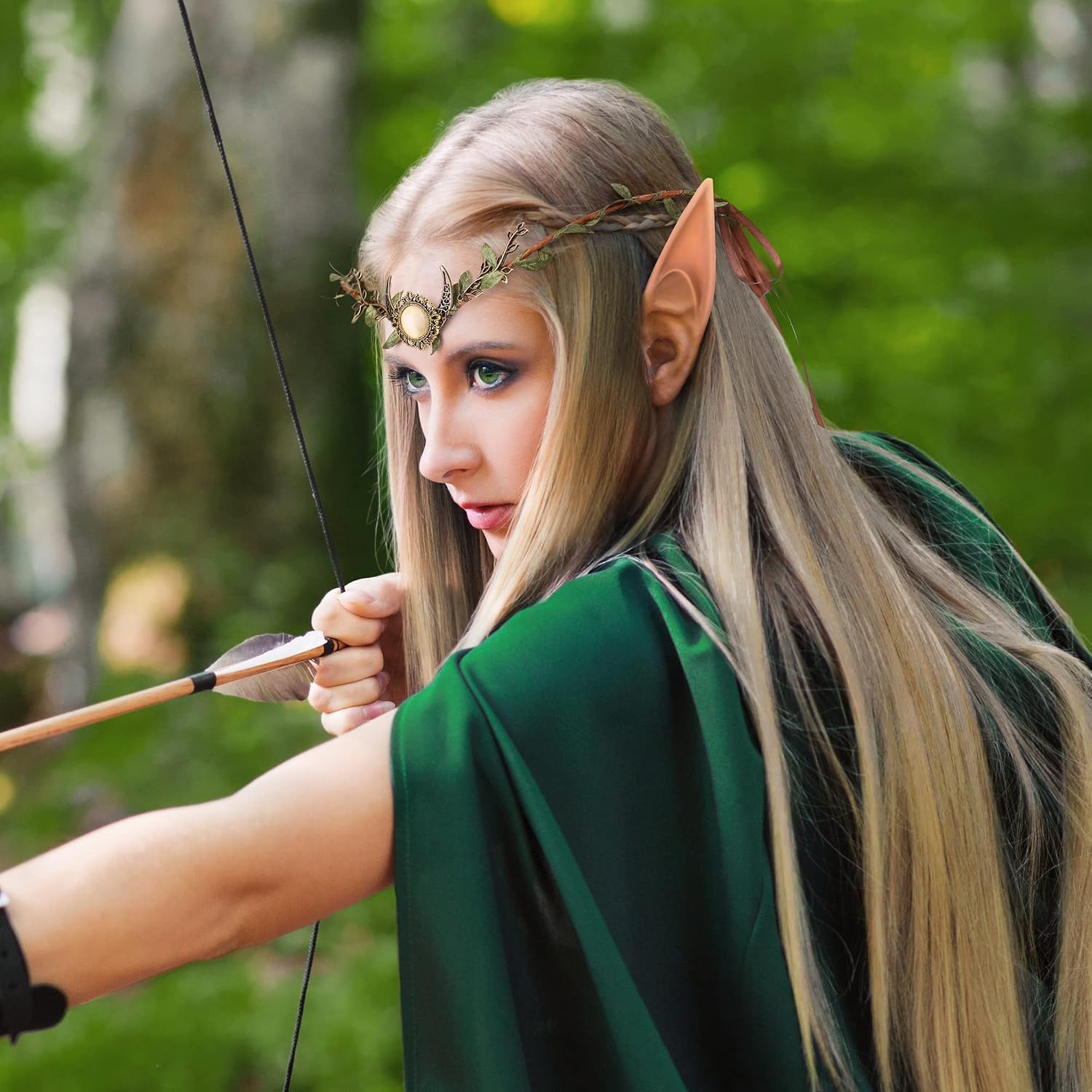 Elf Ears with Woodland Moon Forest Headpiece Cosplay Costumes Fairy Leaf Crown Headband and 2 Pairs Soft Elven Ears