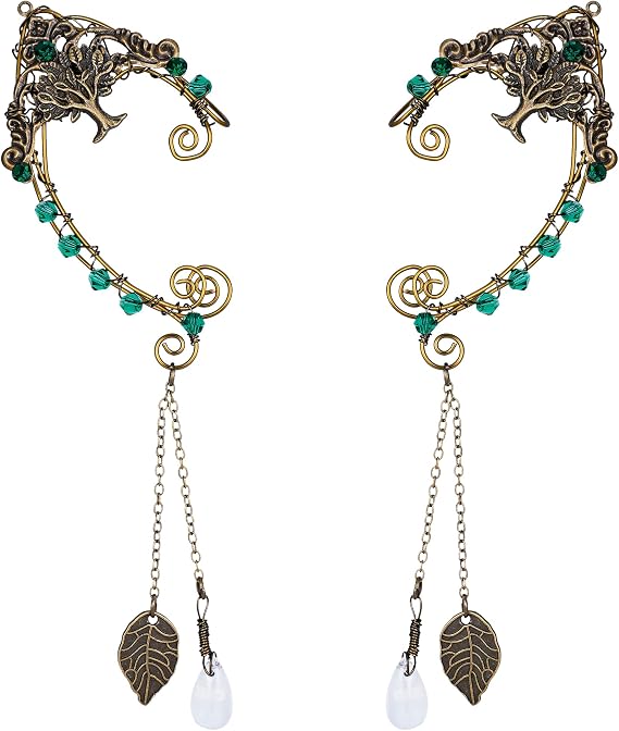 F airy Elf Ear Cuffs - Handmade Bronze Antique Vintage Cuffs Drop Dangling Ear Clips