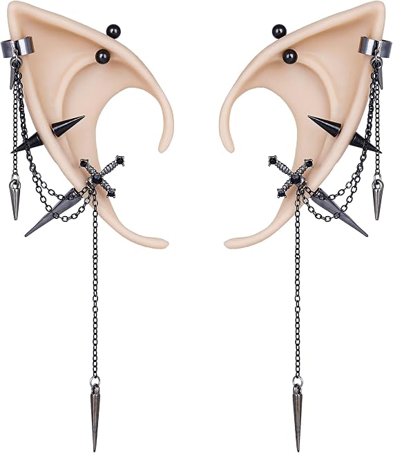 2 Pairs of Fairy Elf Ears with Sliver Piercings - Gothic Elf Ear Cuffs Skull Rose Cross Studs Sterling Earrings
