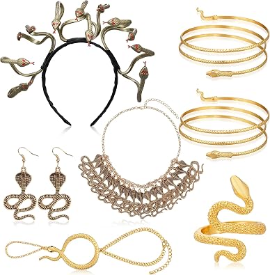 7 Pcs Halloween Medusa Snake Costume Set Medusa Headband Snake Choker Necklace Earrings Spiral Upper Arm Cuff Ring Hand Chain for Women