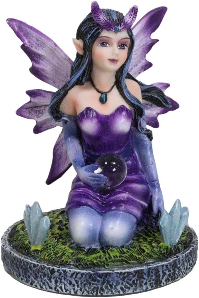 Purple Lavender Twilight Fairy with Crystal Ball On Crystalline Garden Small Figurine FAE Pixie Fantasy Collectible