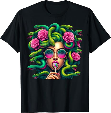 Medusa Snakes Roses Lollipop Floral Greek Mythology T-Shirt