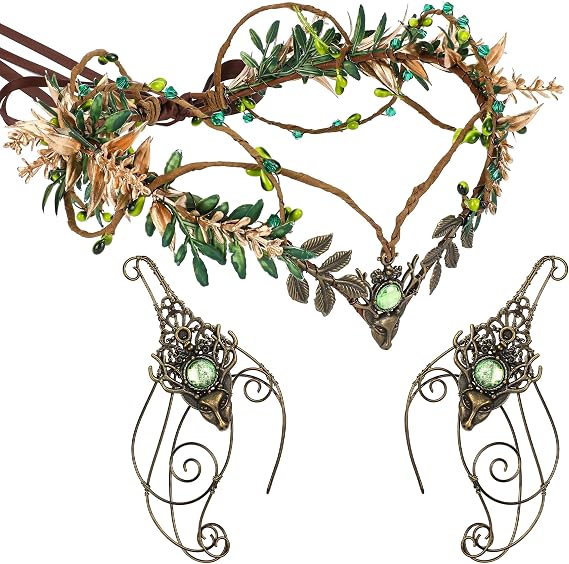 Medieval Fairy Accessories Set - Renaissance Woodland Crown and Elf Ears Cuffs