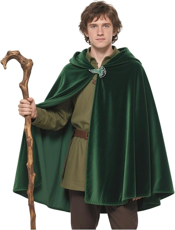 Medieval Green Hobbit Cloak with Hood Elf Hooded Cape