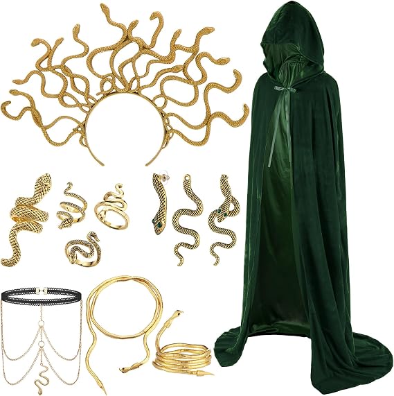 10 Pcs Halloween Medusa Costumes Set Gold Snake Jewelry Accessories for Women with Long Hooded Cloak Velvet Cape