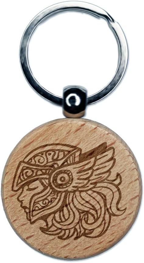 Valkyrie Female Viking Warrior Knight Winged Helmet Engraved Wood Round Keychain Tag Charm