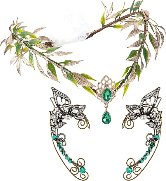 Fairy Accessories Set - Elf Crown and Elf Ear Cuffs for Renfaire Costume Women Cosplay Fairycore Outfit