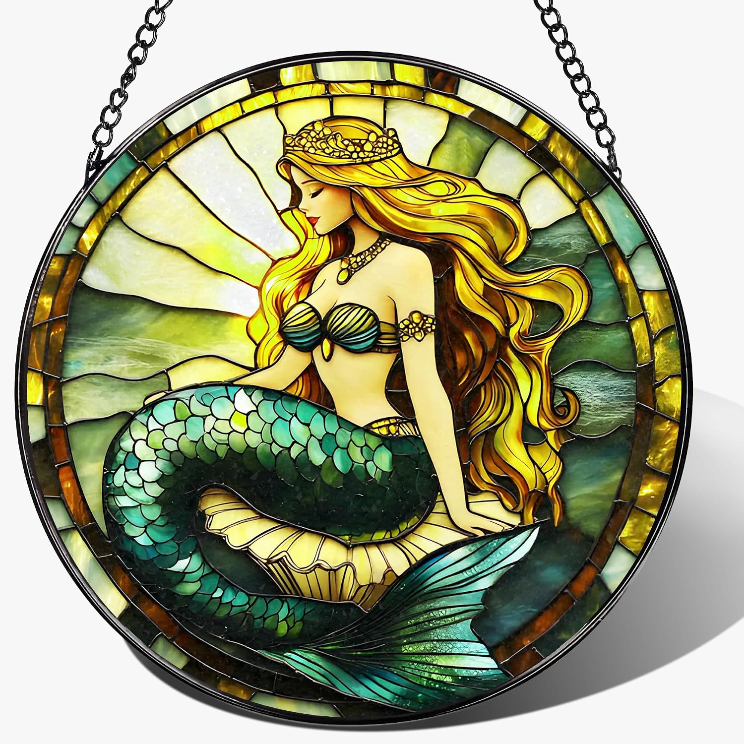 Stained Glass Window Hanging, 8 Inch Mermaid Suncatcher