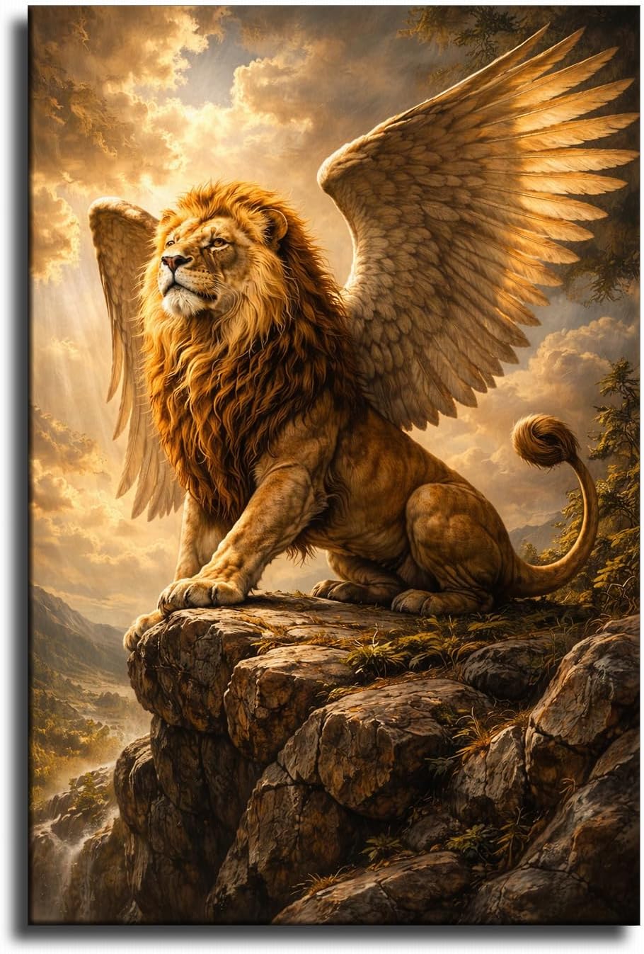 Majestic Winged Lion Canvas, Lion with Wings Art, Mythical Creature Poster