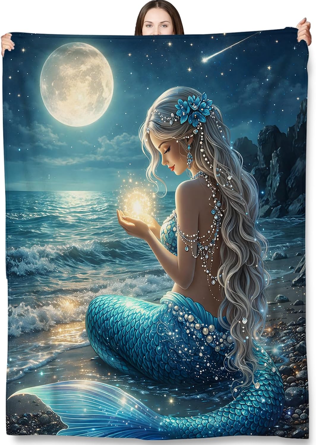Mermaid Moonlight Ocean Throw Blanket