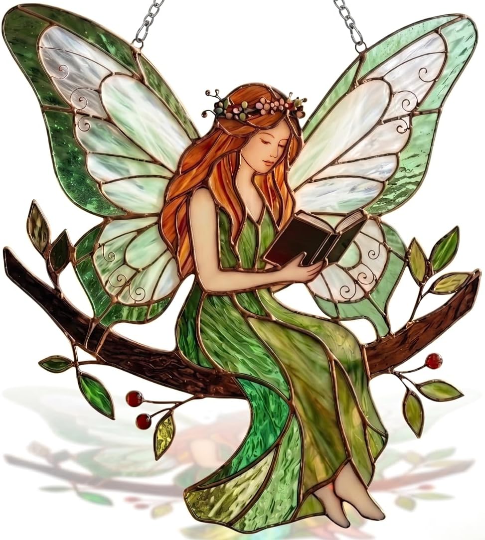 Stained Acrylic Fairy Reading a Book Suncatcher