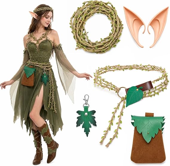 Elf Renaissance Costume Accessories Set, Leaf Headband, Braided Belt, Leaf Pouch Charm Elf Ears