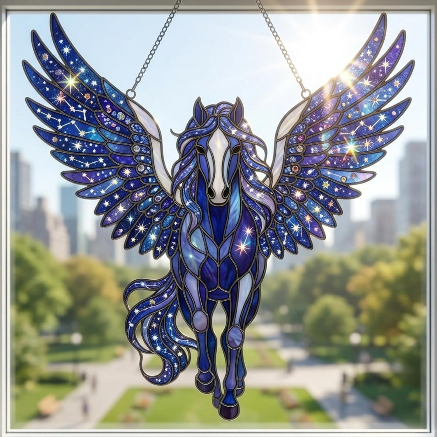 Galaxy Pegasus Blue Starry Constellation Wings Prancing Acrylic Suncatcher - Stained Glass
